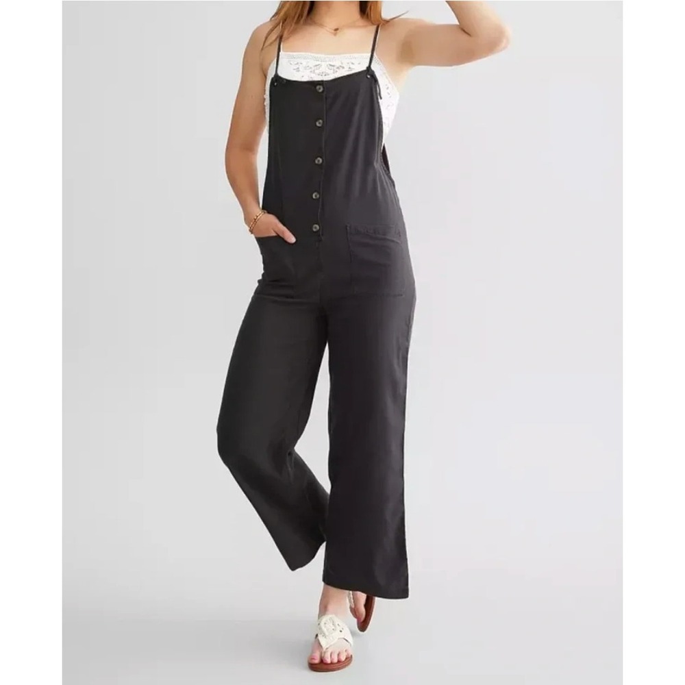 Billabong Jumpsuit Large Black Button Front Wide Leg Overalls Beach Cruiser